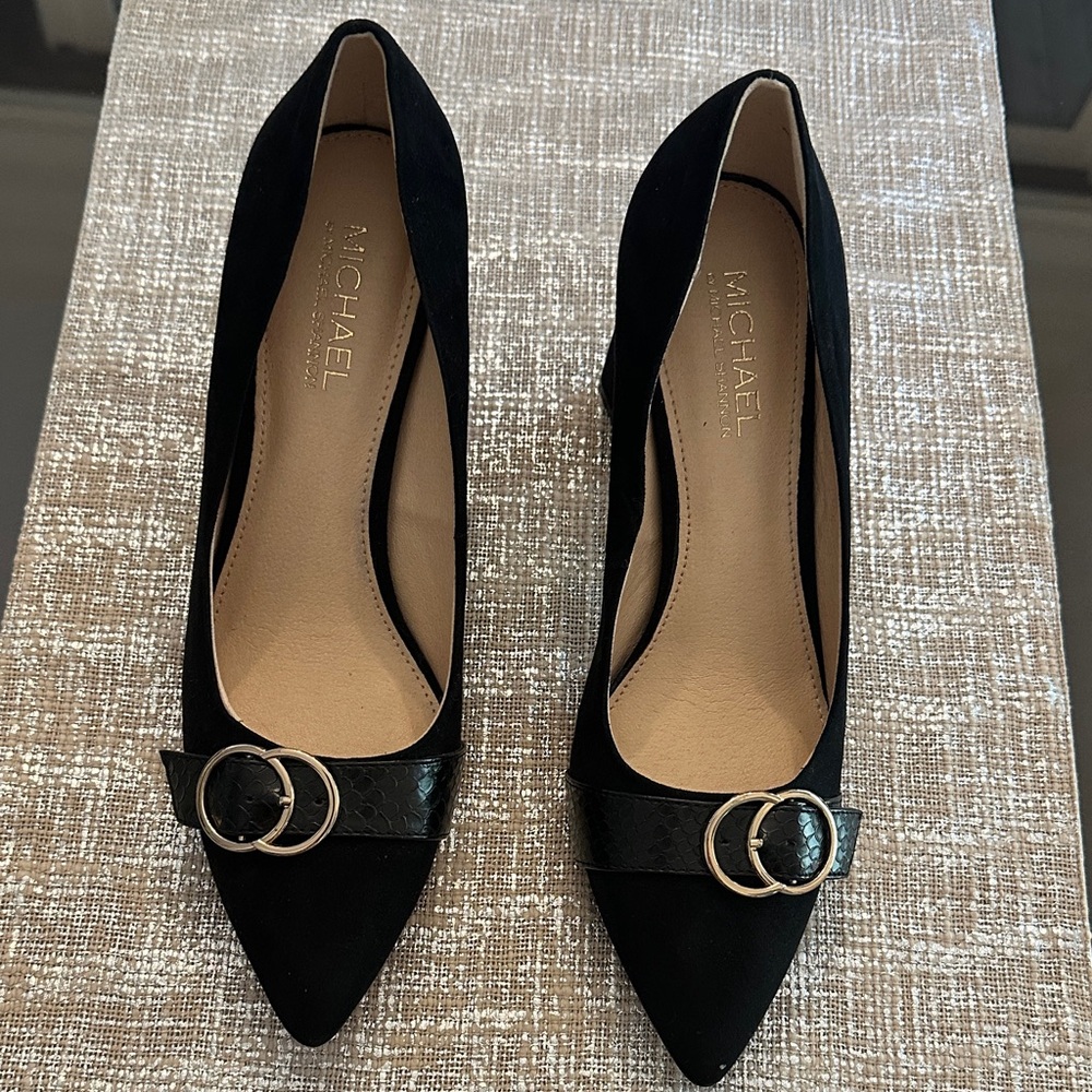Michael By Michael Shannon Izabella Black Suade Block Heels Shoes with Buckle
